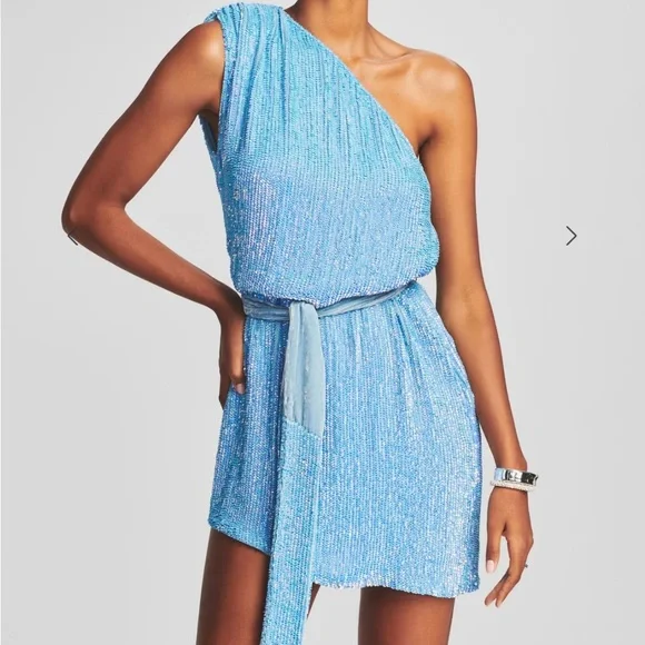 Retrofete One-Shoulder Light Blue Sequin Mini Dress